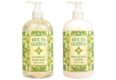 White Tea Calendula hand soap and lotion set in pump bottles, showcasing eco-conscious packaging and nourishing ingredients.