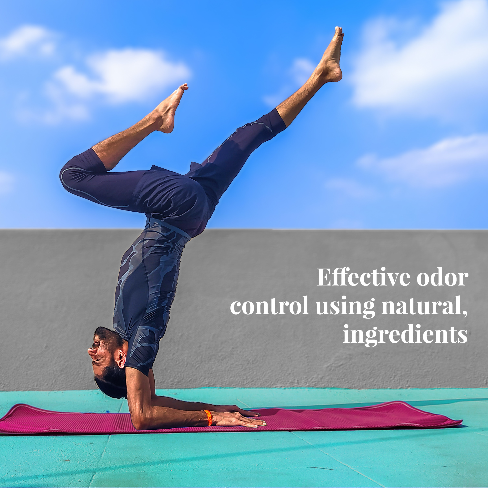 A person practicing yoga outdoors with the deodorant in focus, emphasizing a natural and active lifestyle.