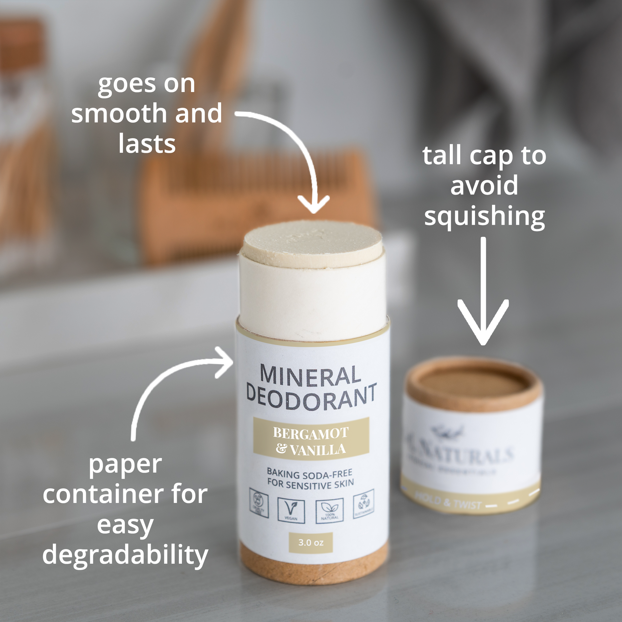 Close-up of the deodorant showing its smooth application and biodegradable paper container with text highlighting key features.