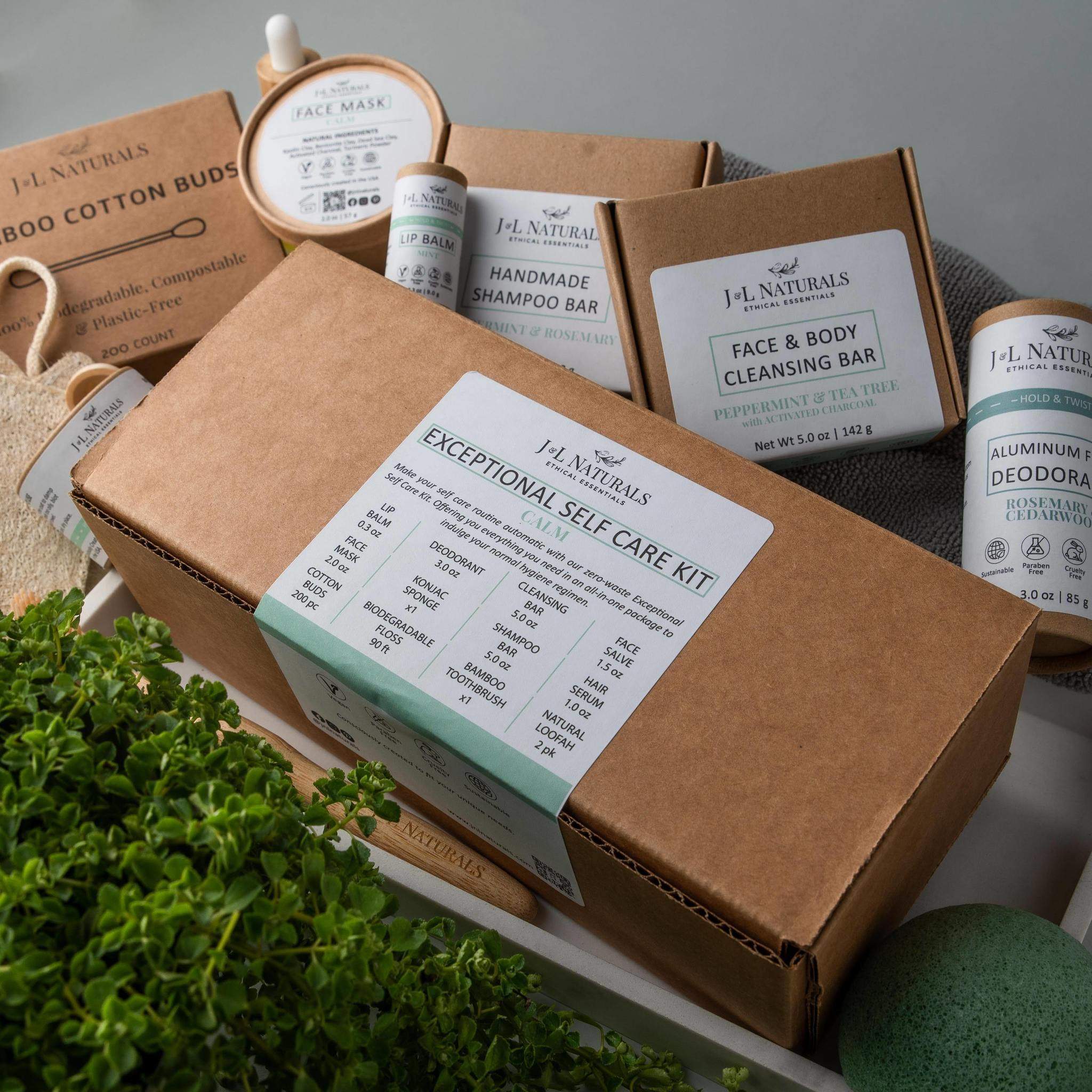 Close-up of the Advanced Self-Care Kit showcasing natural self-care items in compostable and reusable packaging, neatly arranged in an open box.