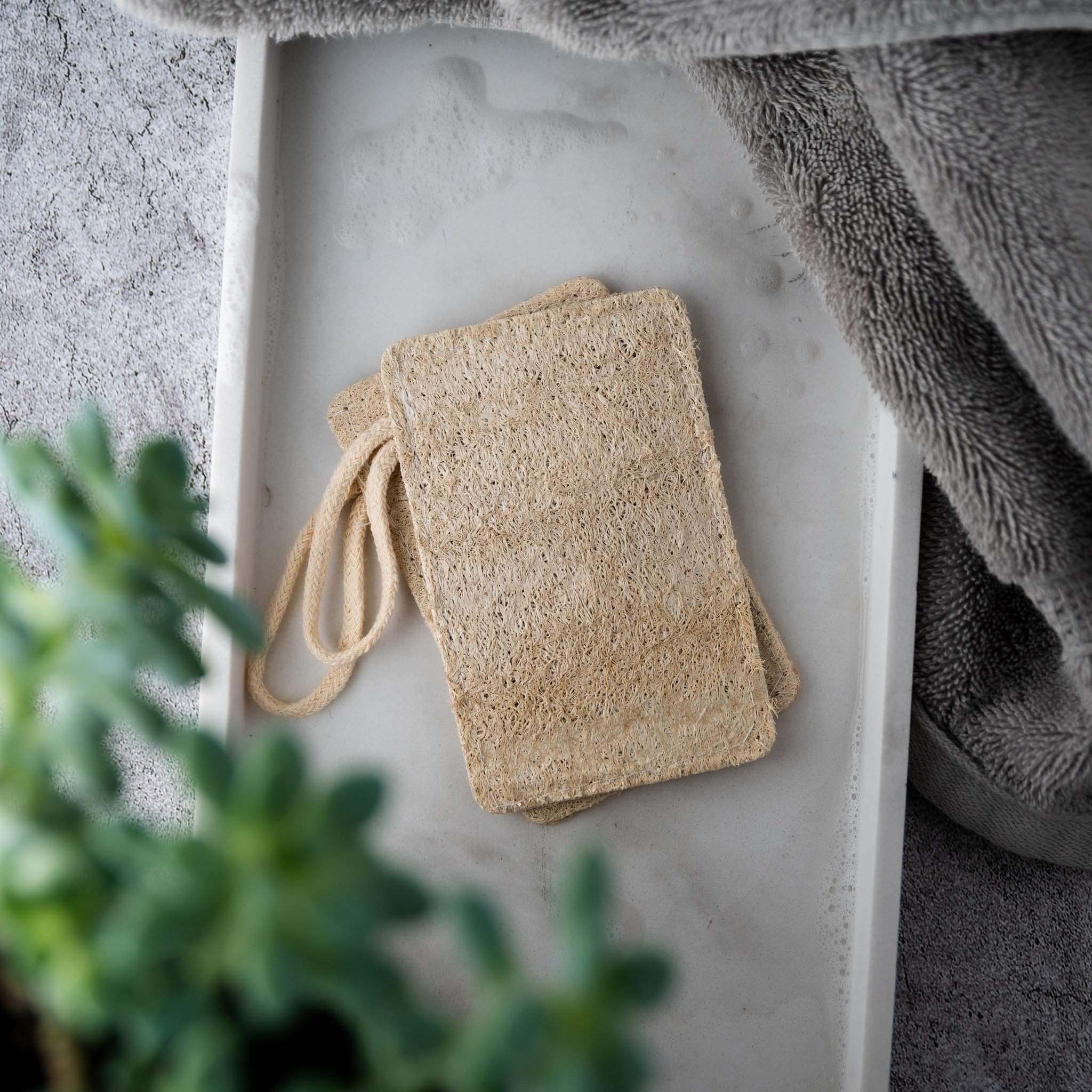 2 flat rectangle loofahs that have hanger loops on a grey counter with plant and grey towel