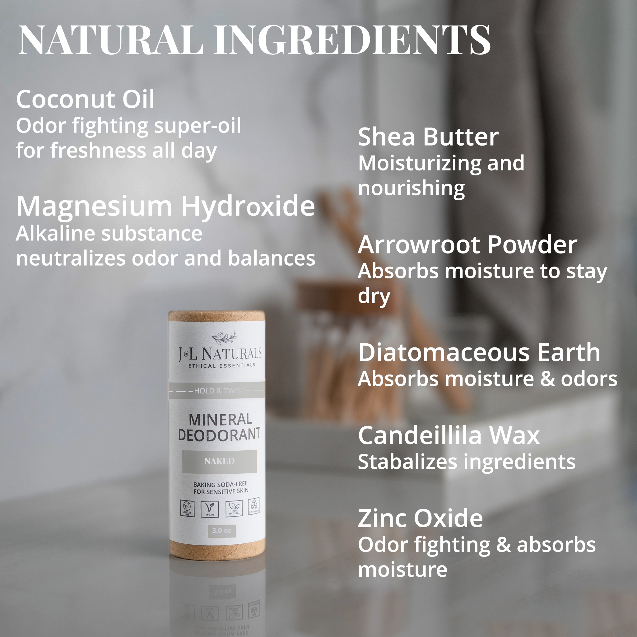 Text overlay detailing natural ingredients like magnesium hydroxide, coconut oil, and shea butter alongside a close-up of the deodorant.