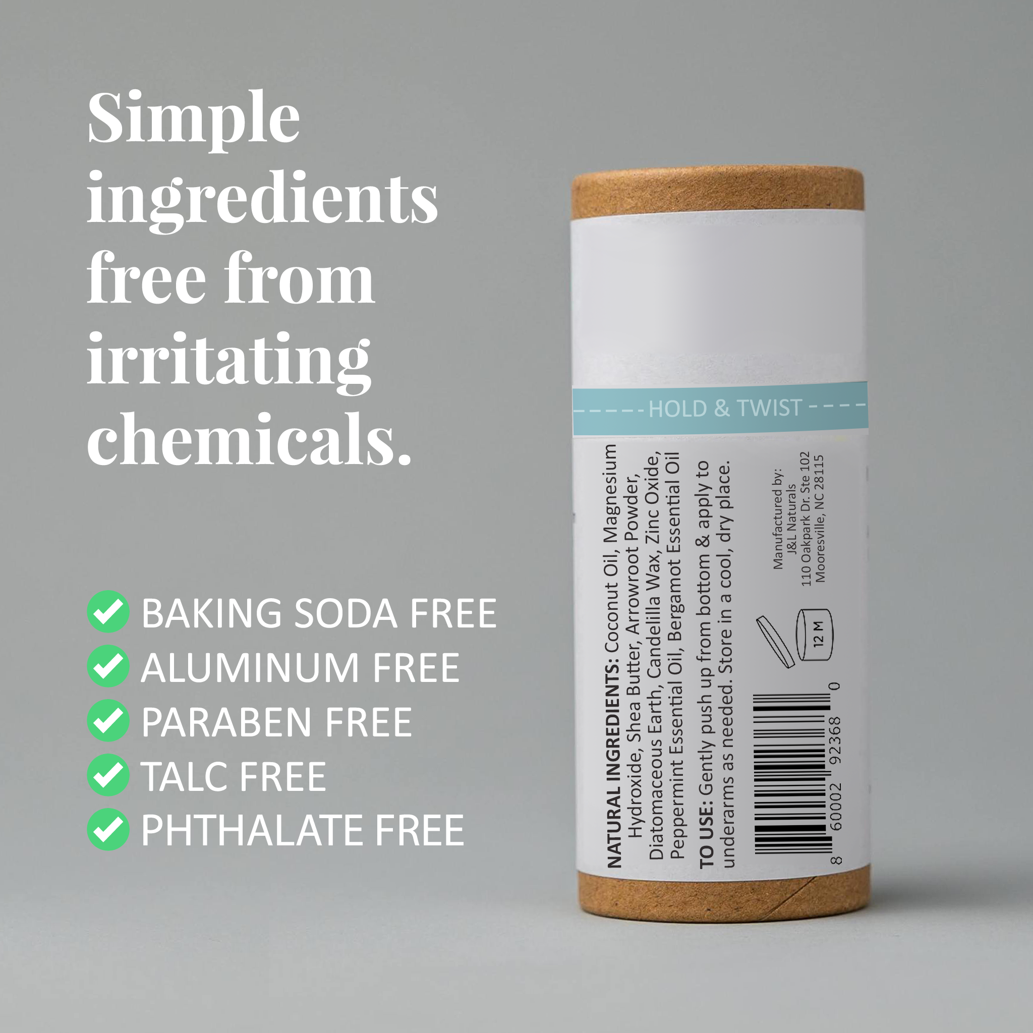 Side view of the deodorant packaging showcasing the list of free-from chemicals, including aluminum and parabens, with a clean, minimalistic design.