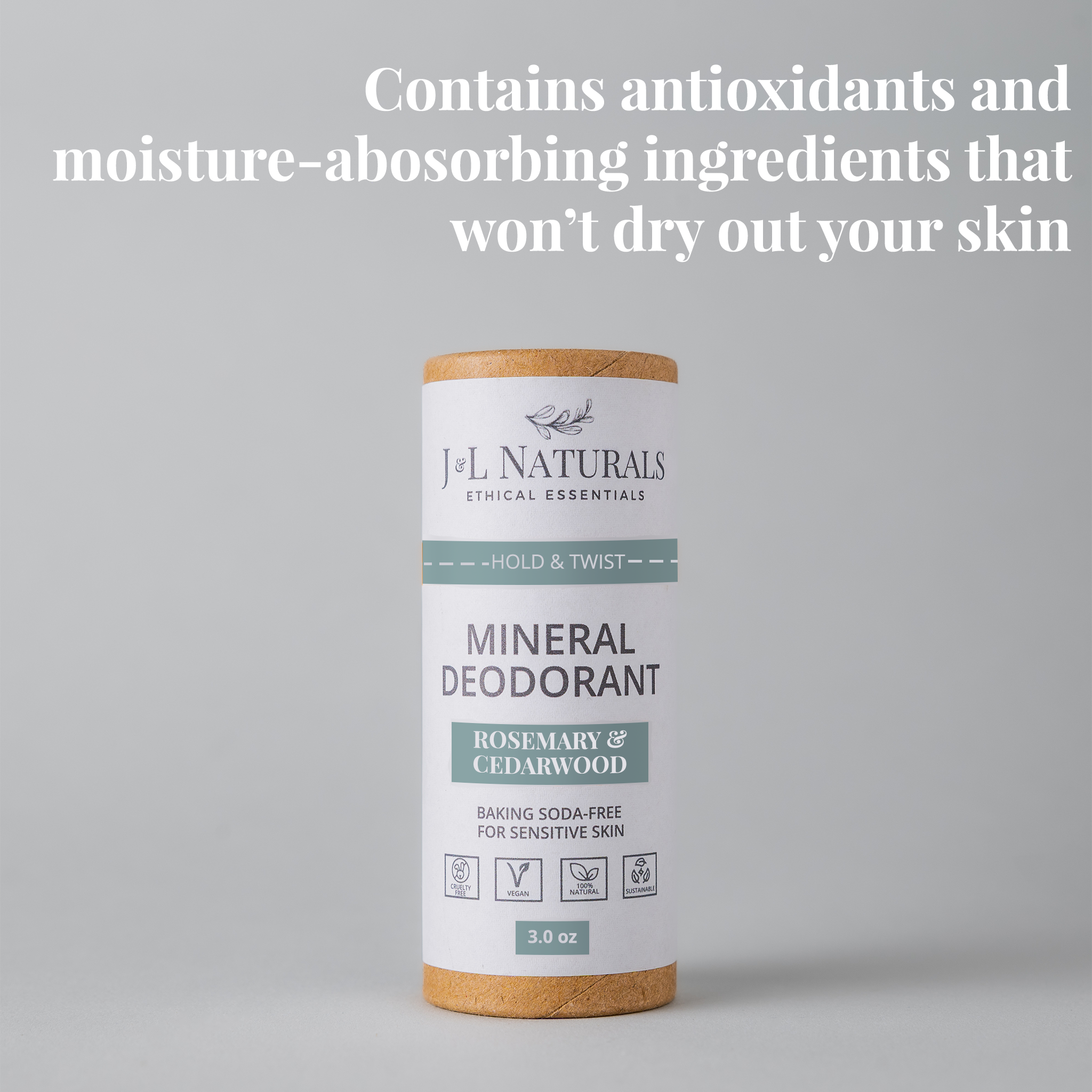 front of mineral deodorant with text overlay about antioxidant ingredients and it's non drying properties. 