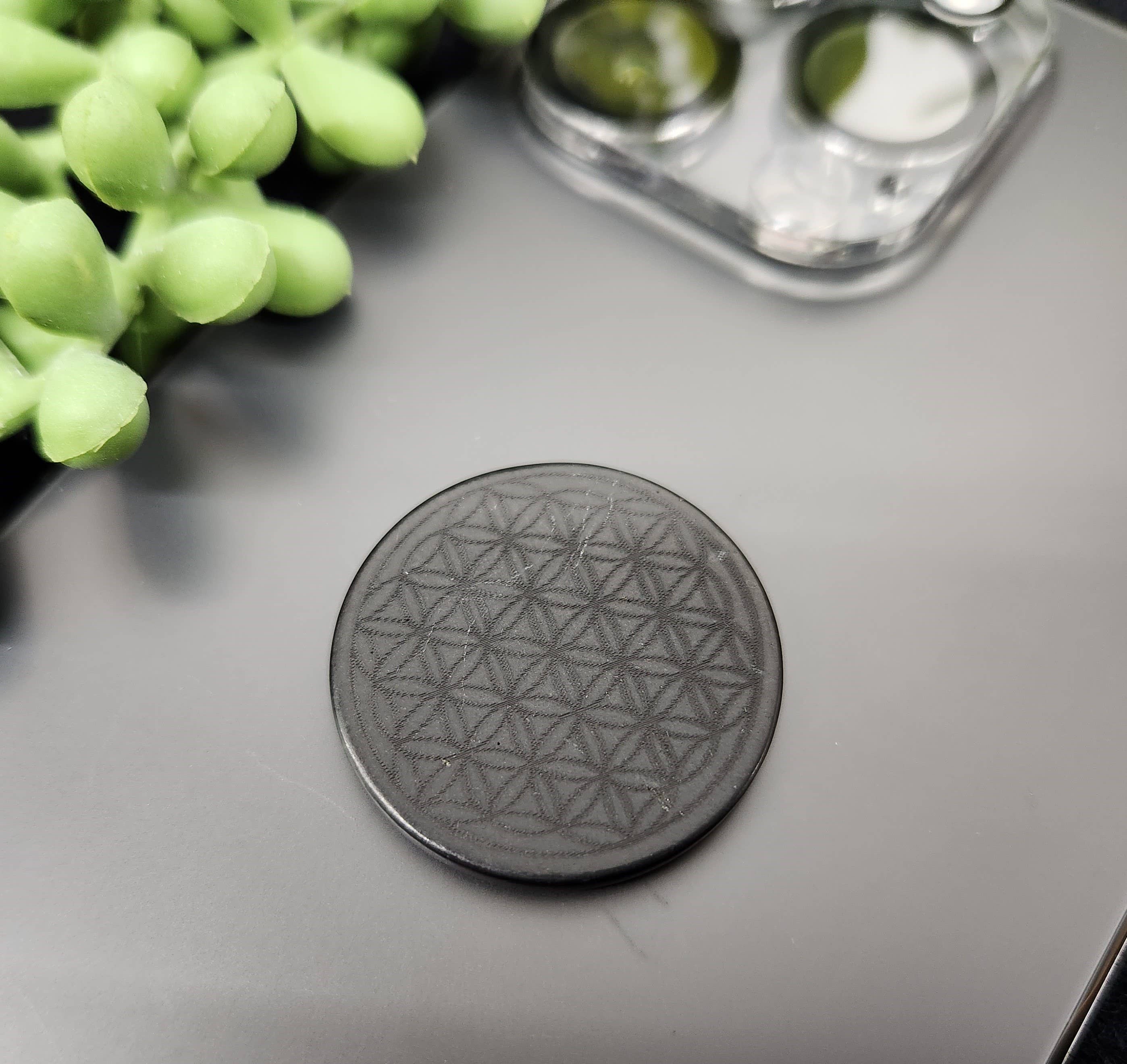 Shungite EMF Protection Tile attached to the back of a smartphone, resting on a table with a green plant nearby, blending functionality with natural aesthetics.