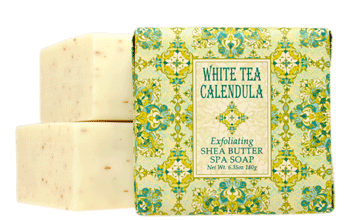 White Tea Calendula exfoliating soap bars with a shea butter base, featuring natural calendula petals and eco-friendly packaging.