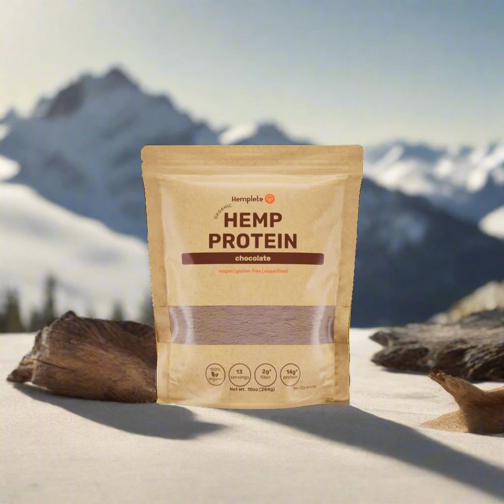 Organic Chocolate Hemp Protein Superfood Powder in resealable packaging on a mountain with rocks around it and mountains behind.